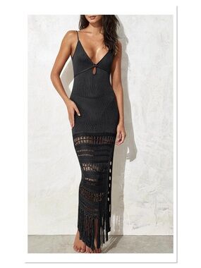 Mable Black Spaghetti Straps V Neck Fringe Beach Cover Up Crochet Dress Sz M
